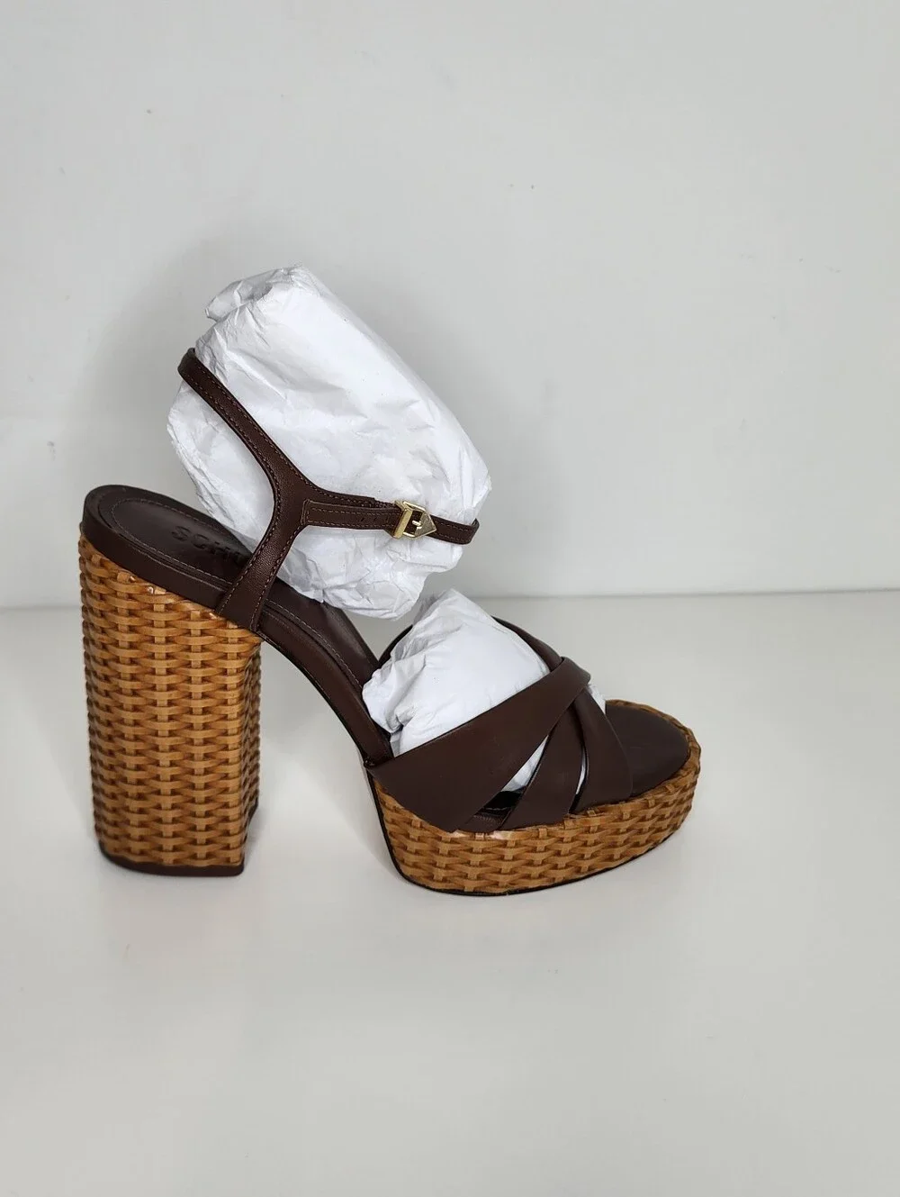 SCHUTZ Keefa Brown Leather Woven-Platform Heel Sandal Size 9.5